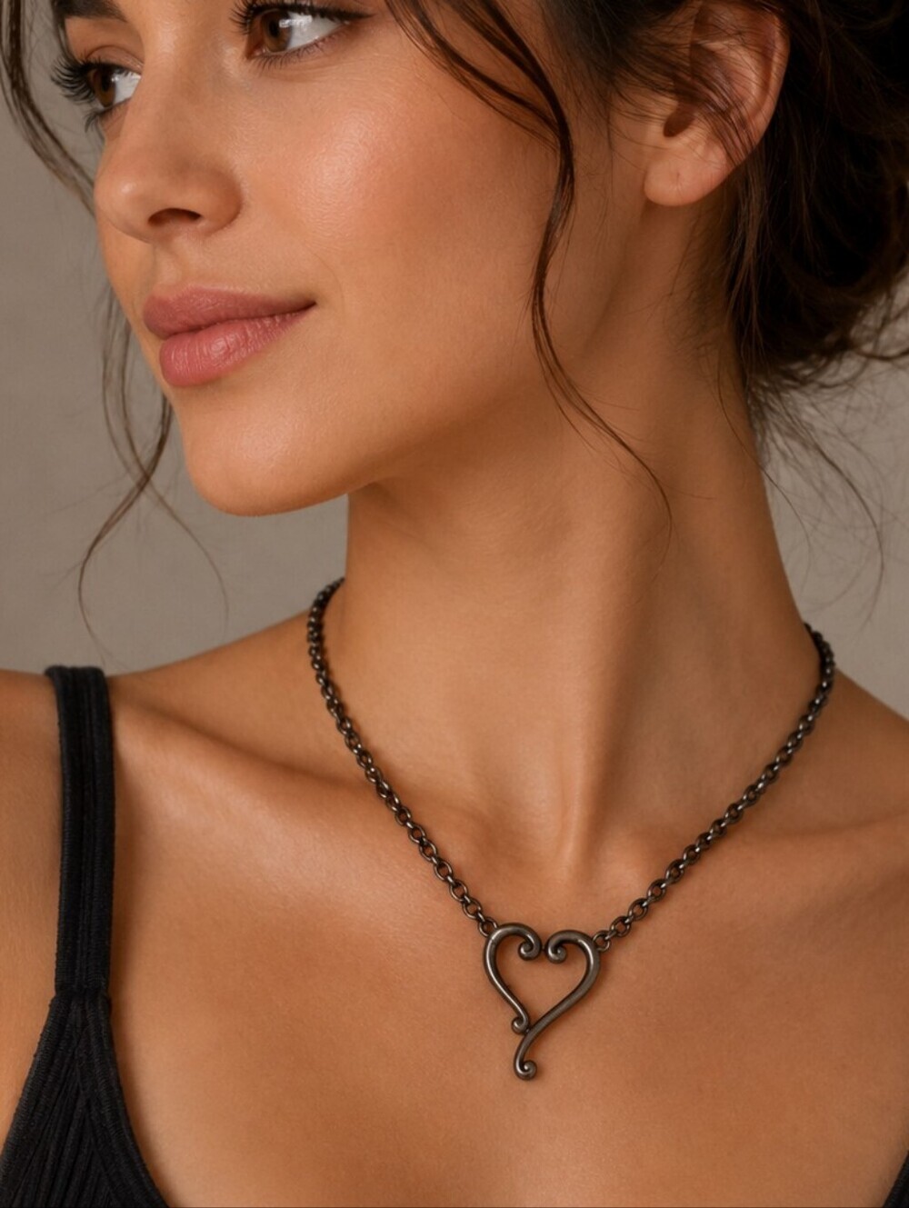 BRIGHTON Gunmetal Open Scroll Heart Rollo Chain Necklace
